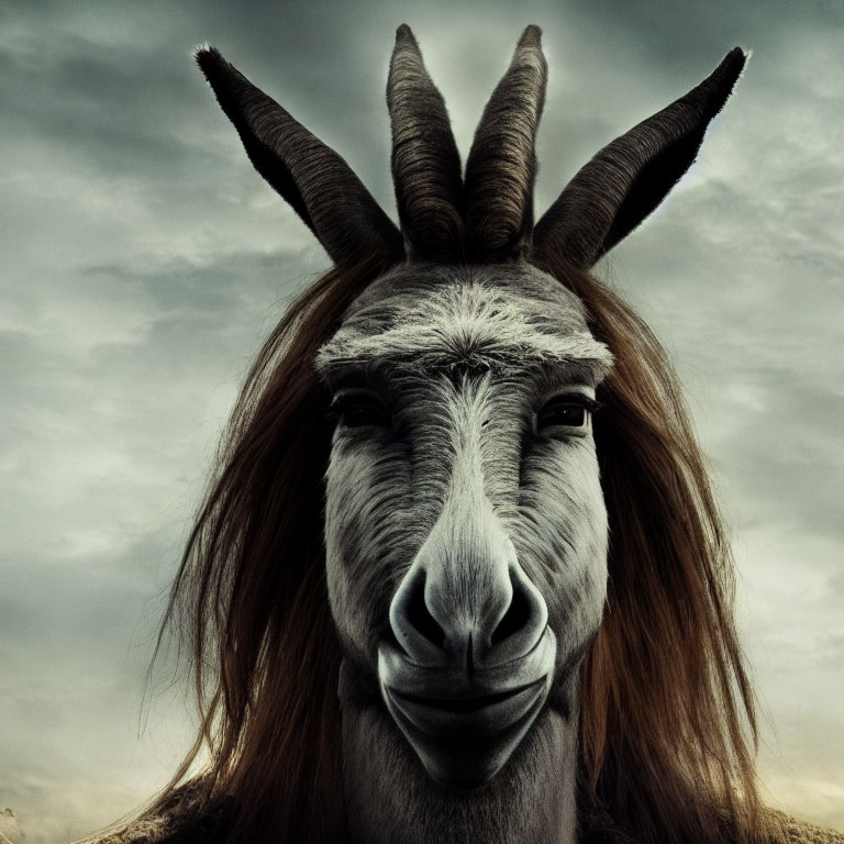 Animal with Human-Like Hairdo and Horns Staring Under Moody Sky