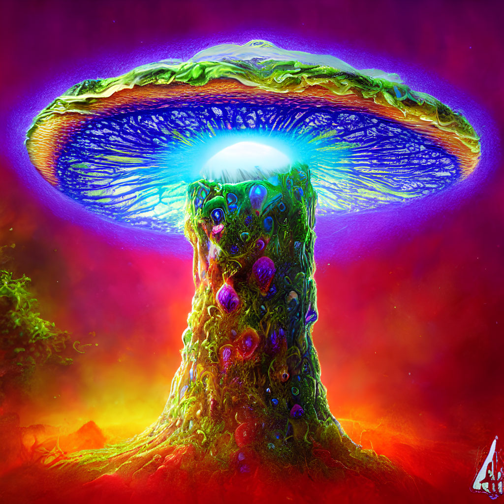 Colorful digital artwork of luminescent alien mushroom structure on red background