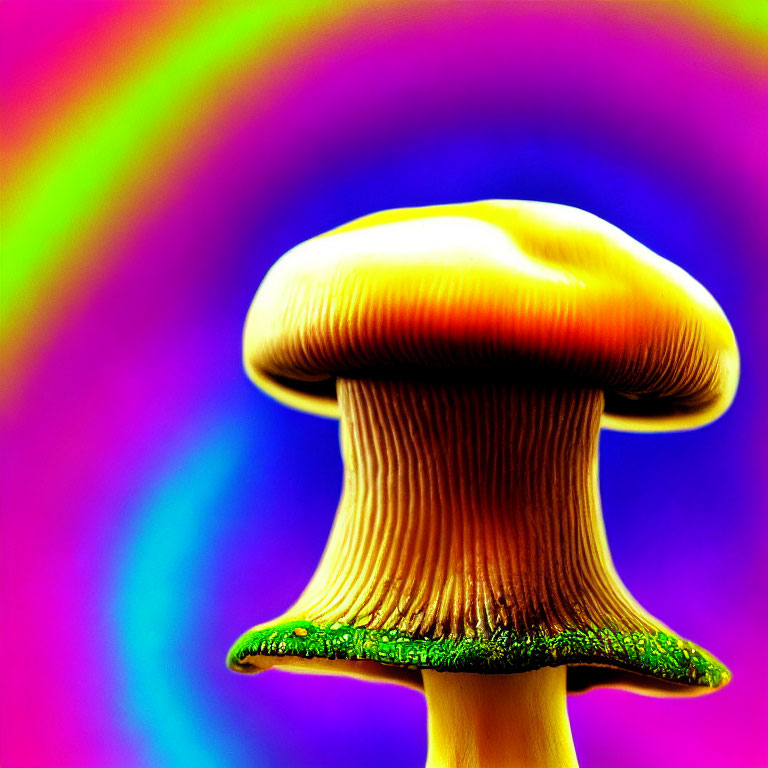 Colorful Mushroom with Golden Cap on Neon Rainbow Background