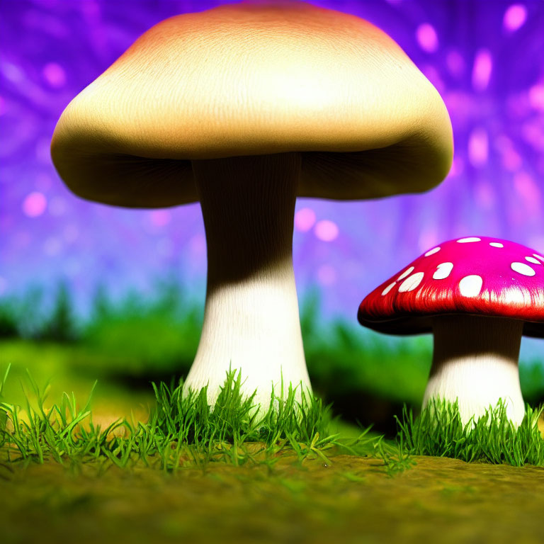 Stylized mushrooms in tan and red-white caps on purple backdrop