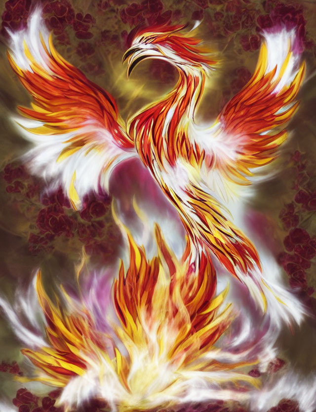 Colorful Phoenix Artwork with Red and Orange Plumage on Marbled Background