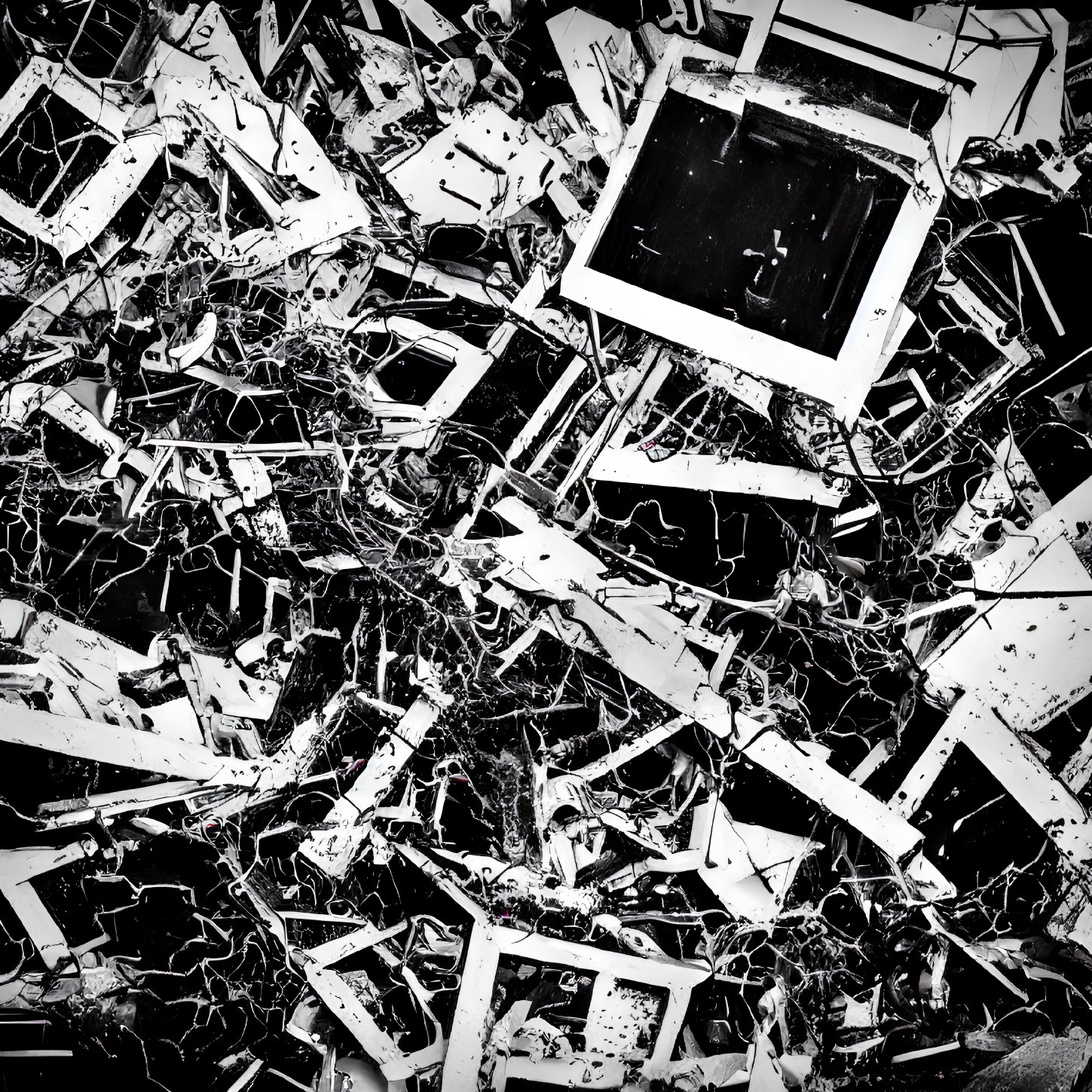 Pile of White Frames and Shattered Glass in Disarray