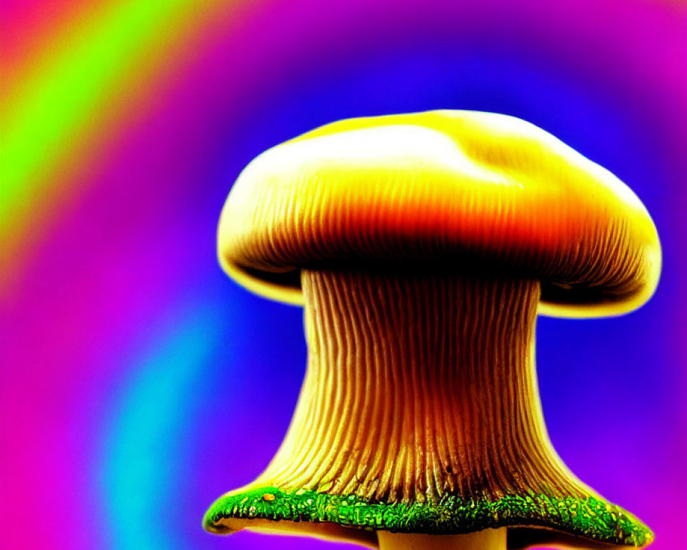 Colorful Mushroom with Golden Cap on Neon Rainbow Background