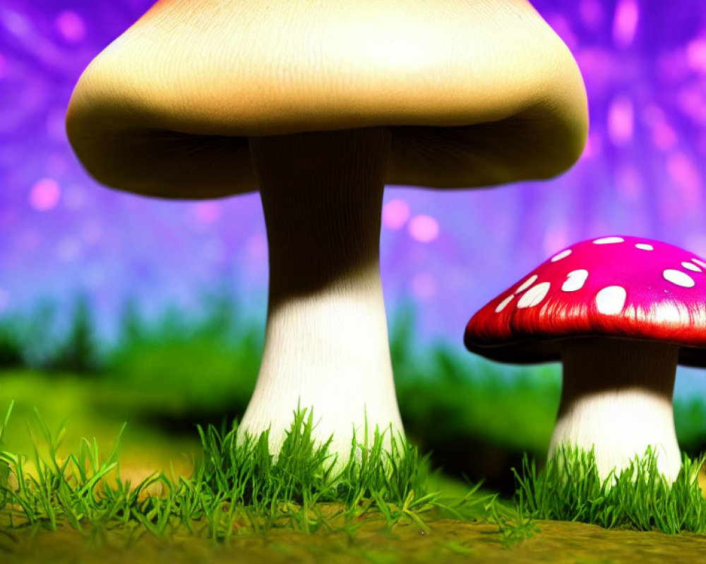 Stylized mushrooms in tan and red-white caps on purple backdrop