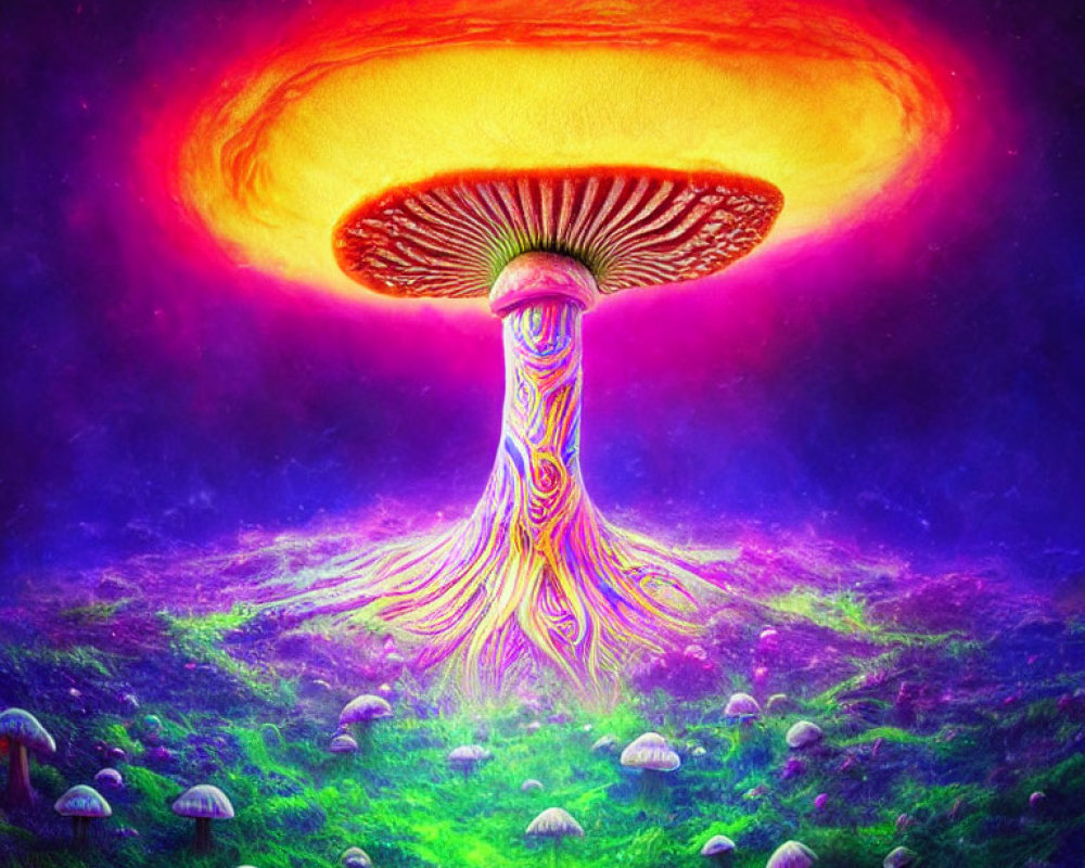 Colorful Psychedelic Mushroom Illustration in Vibrant Landscape