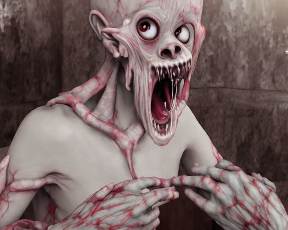 Grotesque monster with pale skin, red eyes, sharp teeth, and pointed ears on grimy