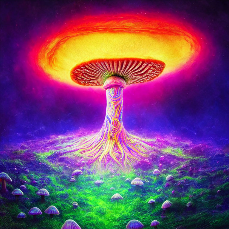 Colorful Psychedelic Mushroom Illustration in Vibrant Landscape