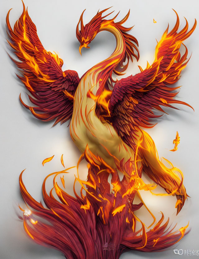 Fiery Phoenix Illustration with Blazing Wings and Tail Feathers