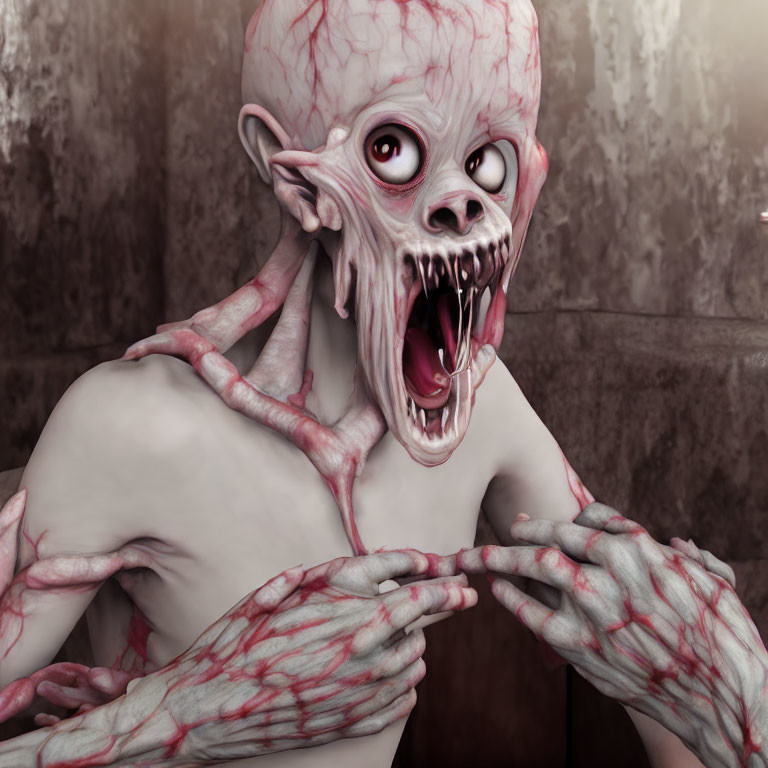 Grotesque monster with pale skin, red eyes, sharp teeth, and pointed ears on grimy