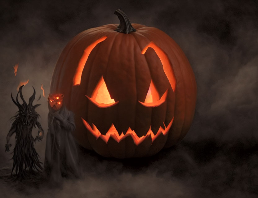 Sinister-faced glowing jack-o'-lantern in misty, shadowy scene