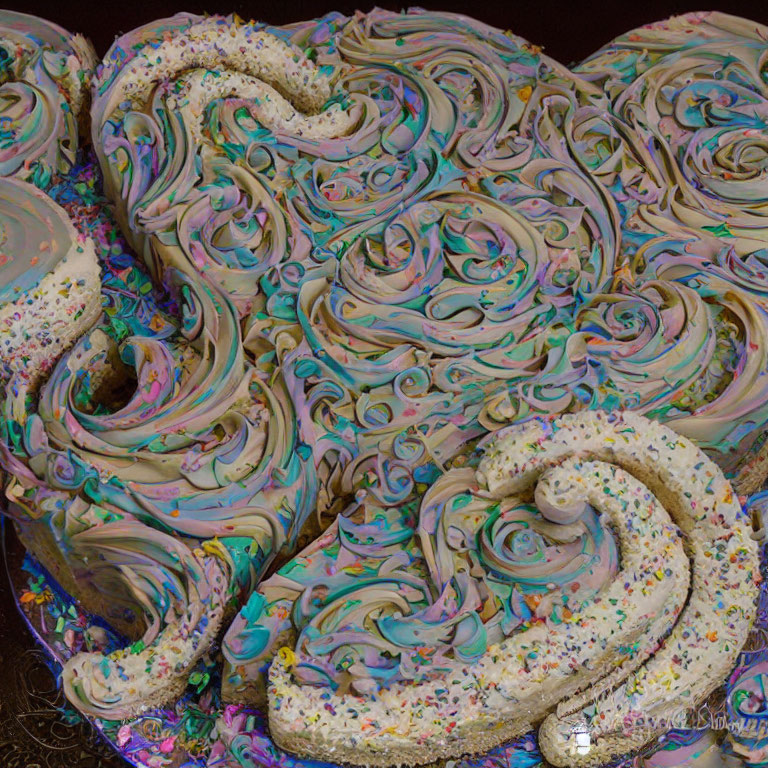 Colorful Swirled Icing on Heart-Shaped Cake with Sprinkles