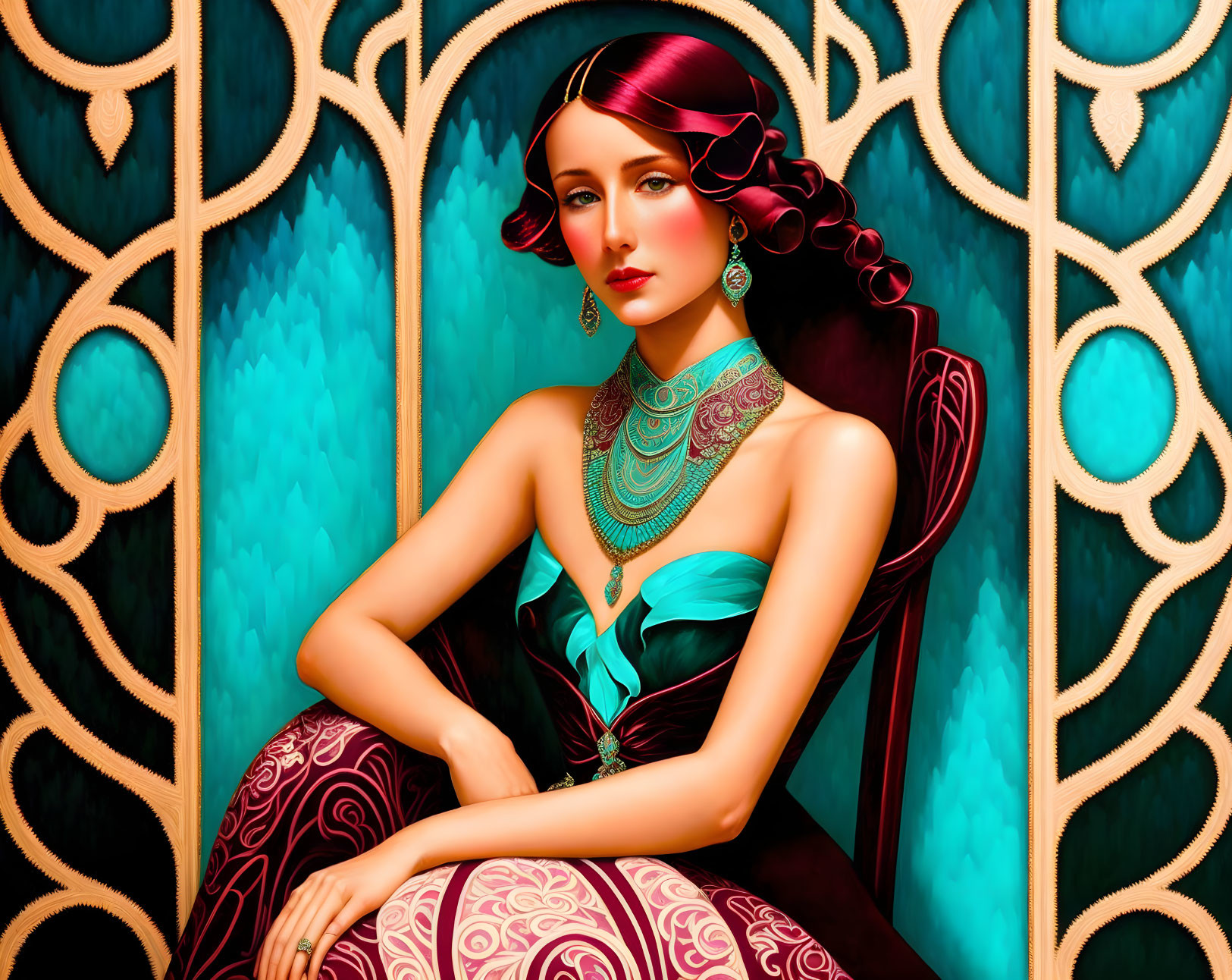 Stylized illustration of elegant woman in turquoise and ruby attire