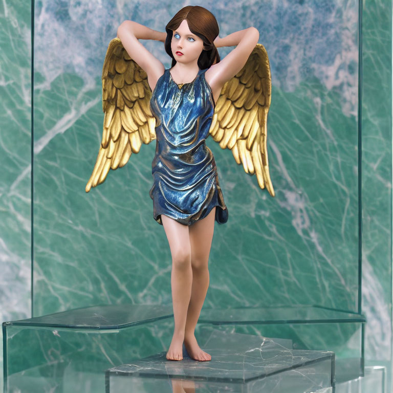 Golden-winged female angel statue in blue dress against marble backdrop