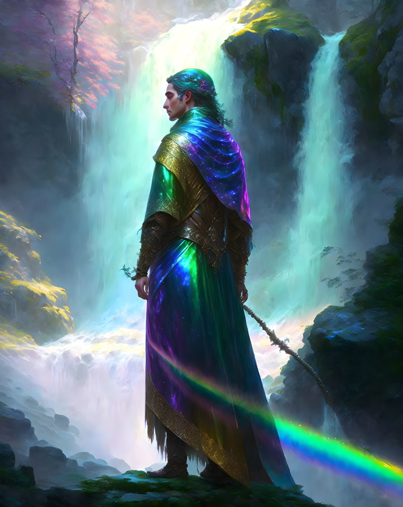 Majestic figure in iridescent robes by a waterfall