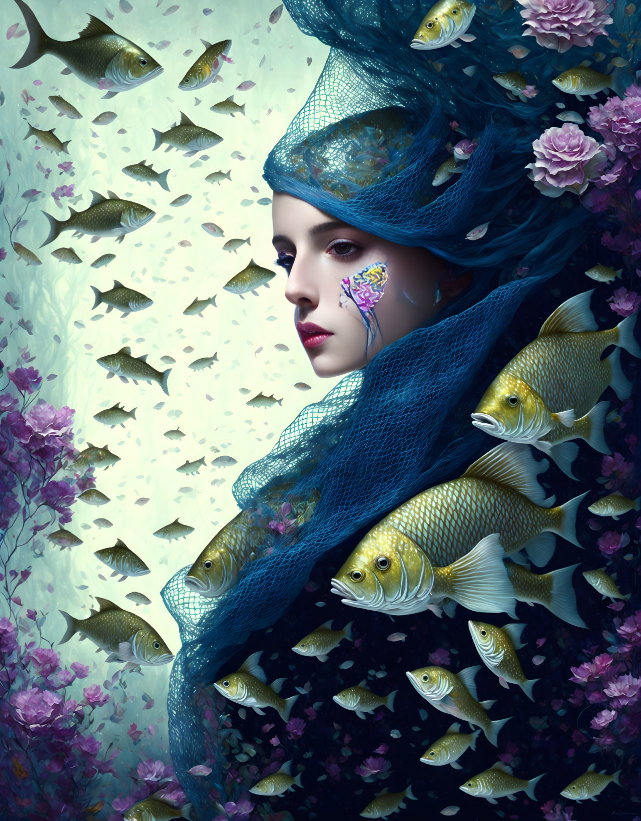 Woman with Blue Headpiece Surrounded by Goldfish and Purple Flowers