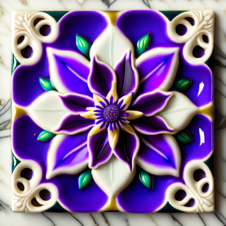 Symmetrical purple and white flower ceramic tile on marbled background