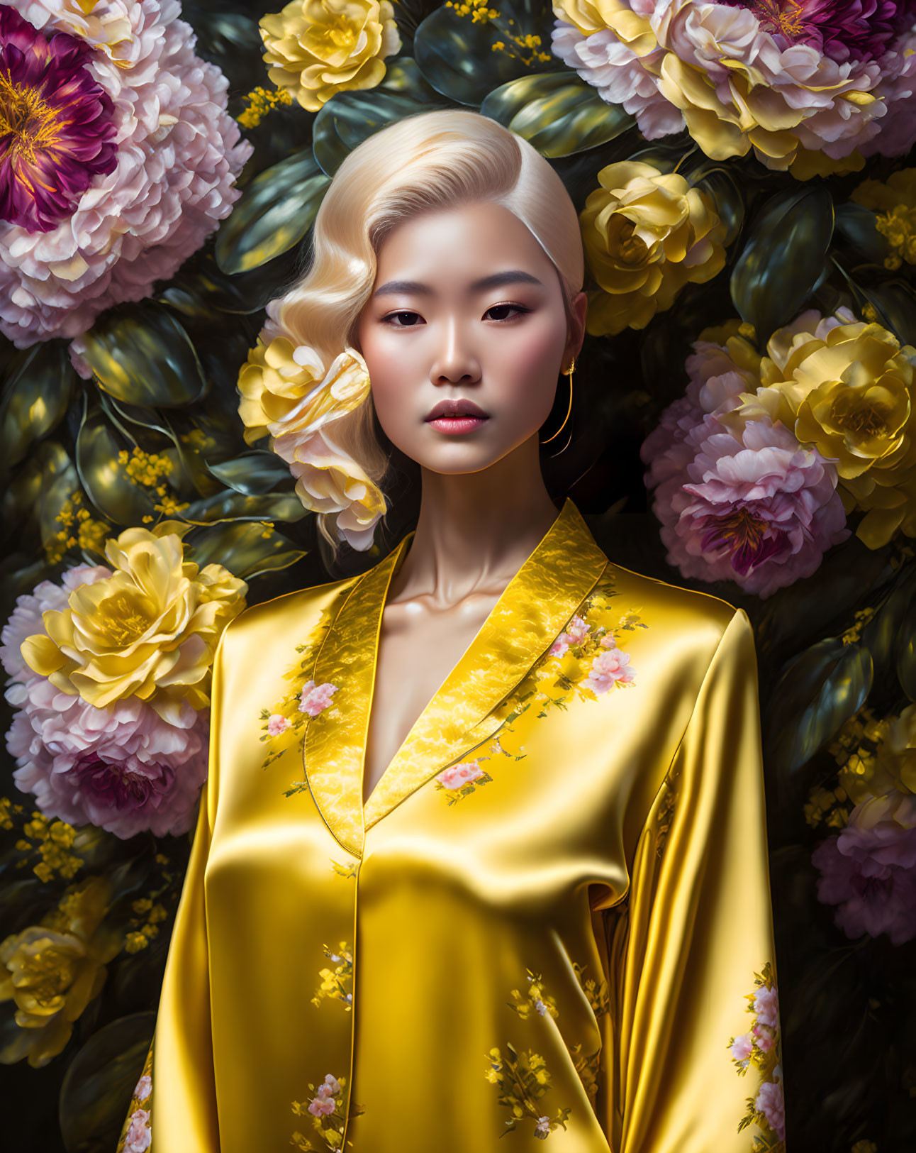 Platinum Blonde Person in Yellow Garment Surrounded by Colorful Flowers