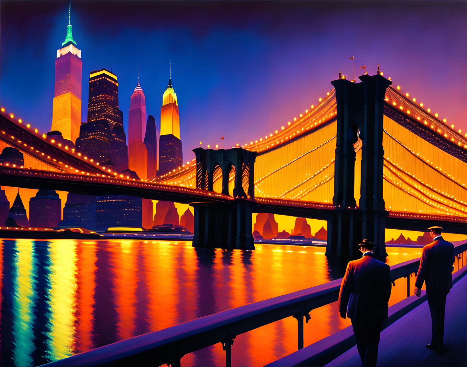 Vibrant artwork: Two figures near Brooklyn Bridge at night