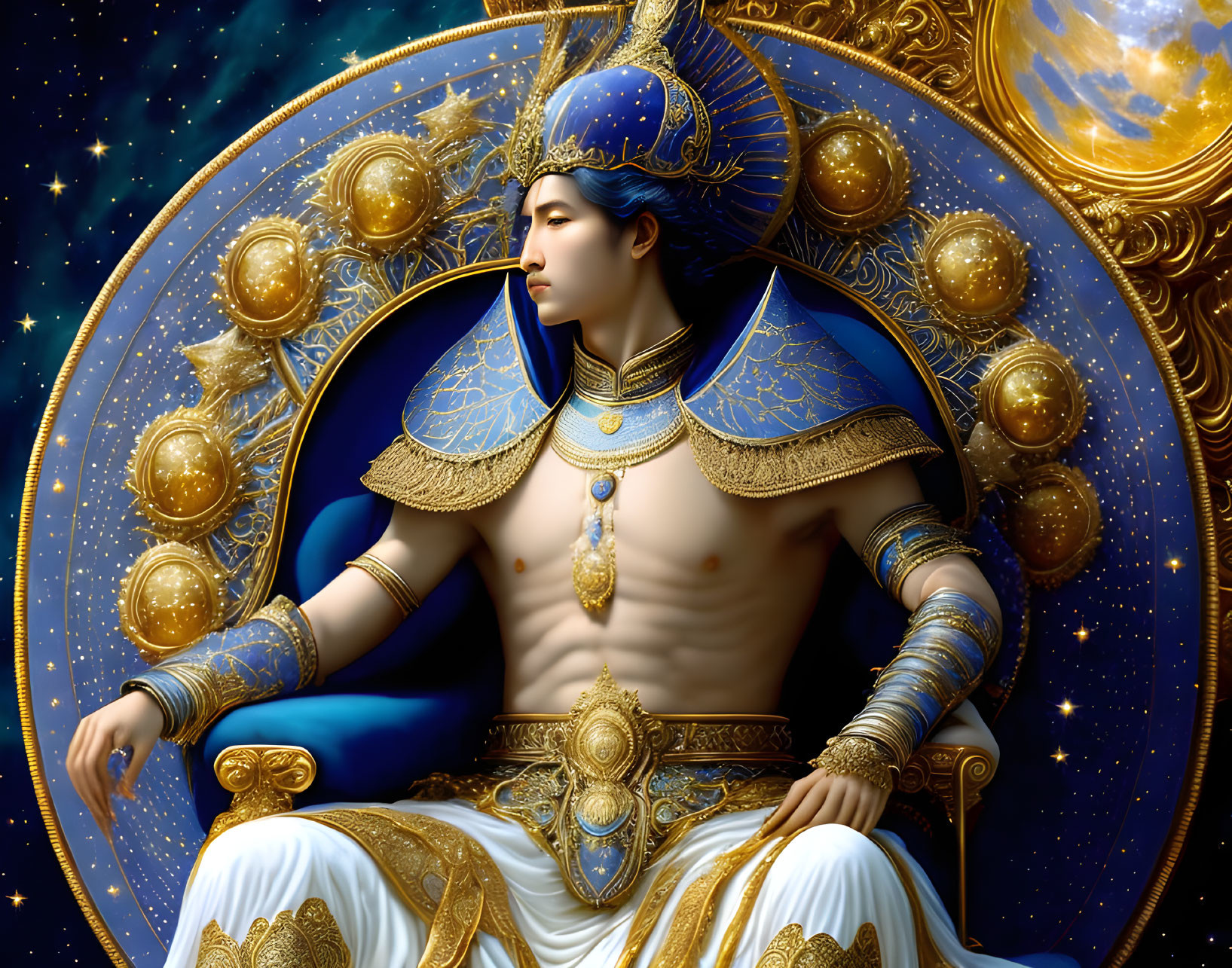 Male figure in ornate blue and gold armor against cosmic backdrop