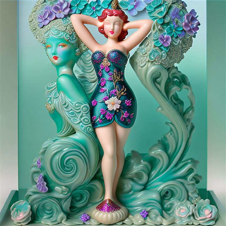 Colorful Art Deco Style Statue Featuring Two Stylized Women & Floral Aquatic Motifs