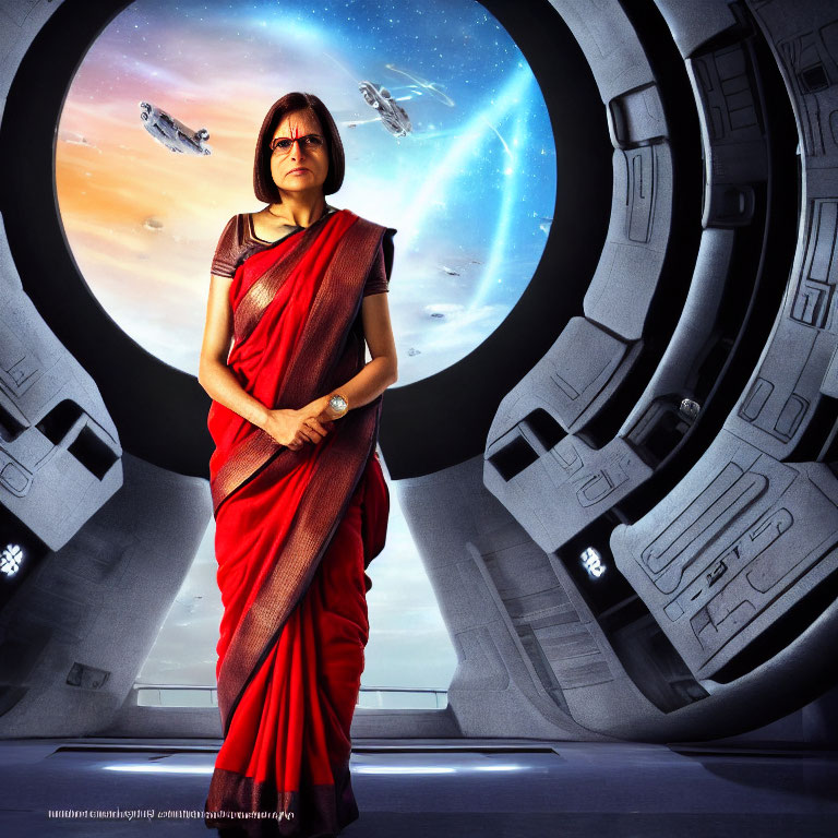 Woman in red sari in futuristic spaceship with space view