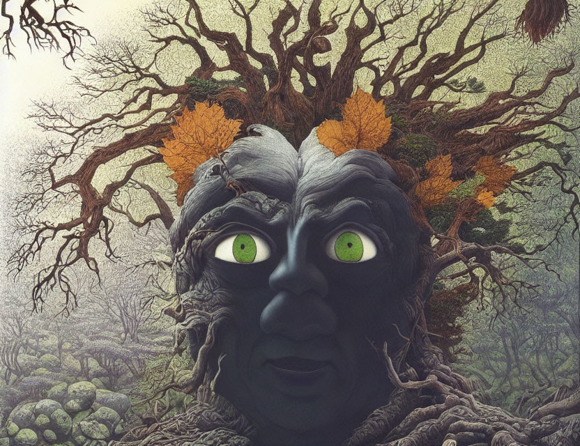 Illustration of tree with human-like face and green eyes in forest