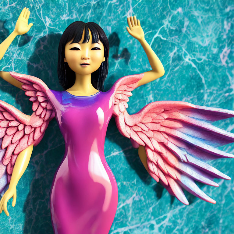 Digital artwork of female character with wings above teal water.