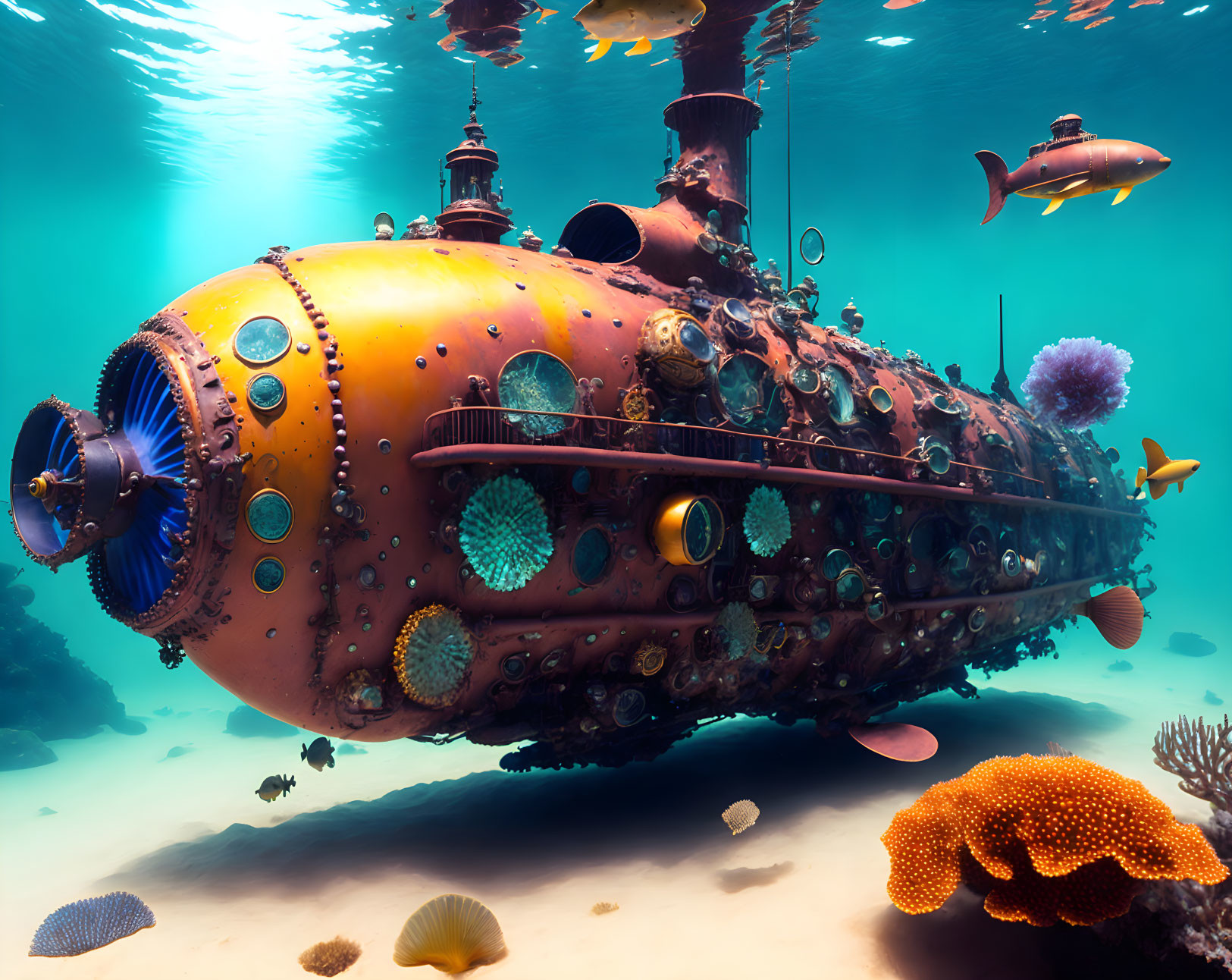 Steampunk-themed submarine explores underwater world with marine life.