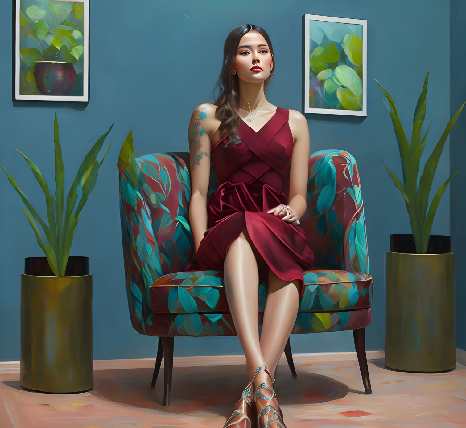 Woman in red dress sitting on armchair with potted plants in room with blue walls