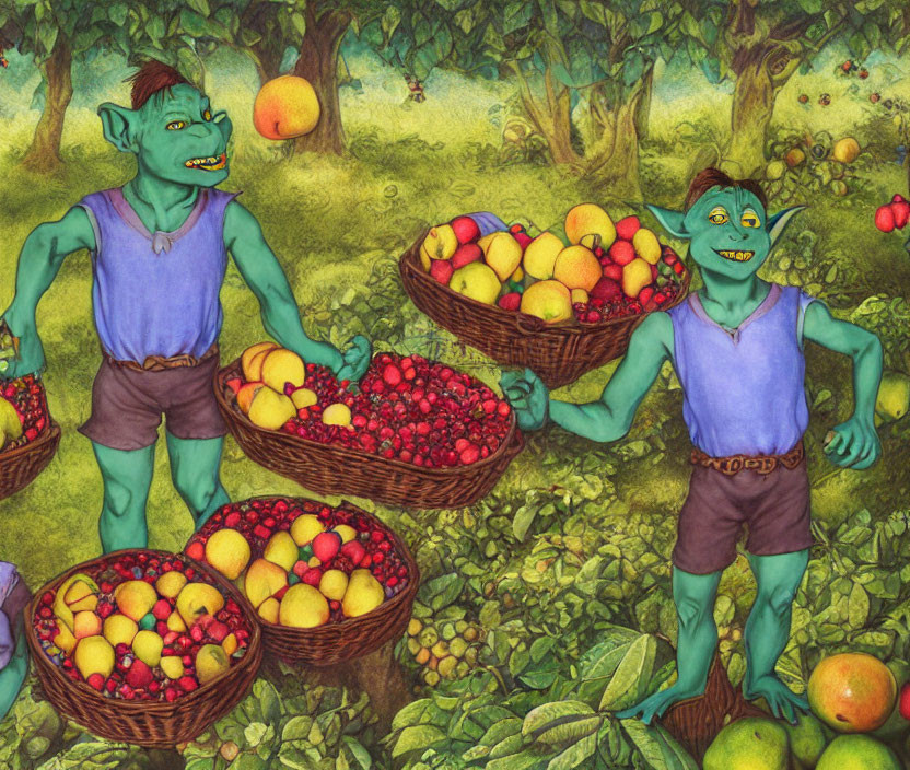 Colorful green trolls picking fruits in lush orchard with red and yellow harvest baskets.