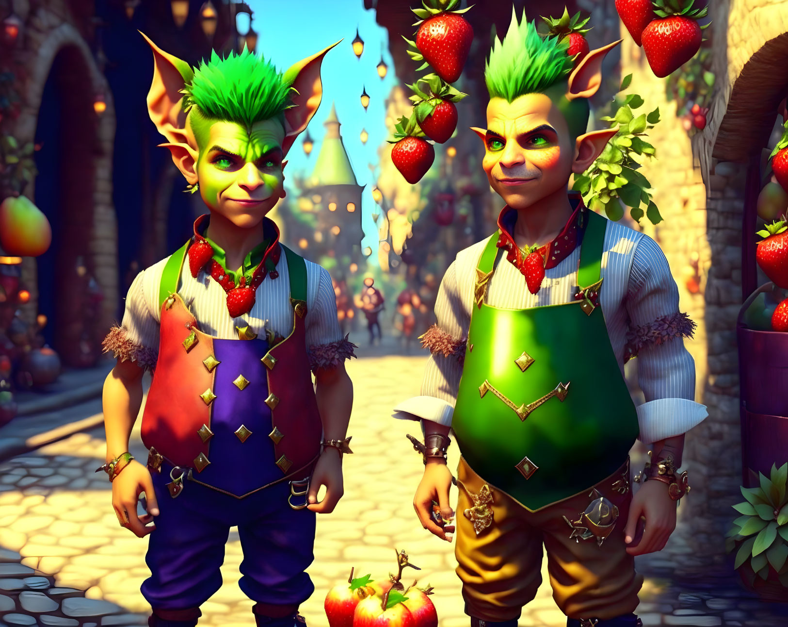 Vibrant market scene with animated characters and floating strawberries