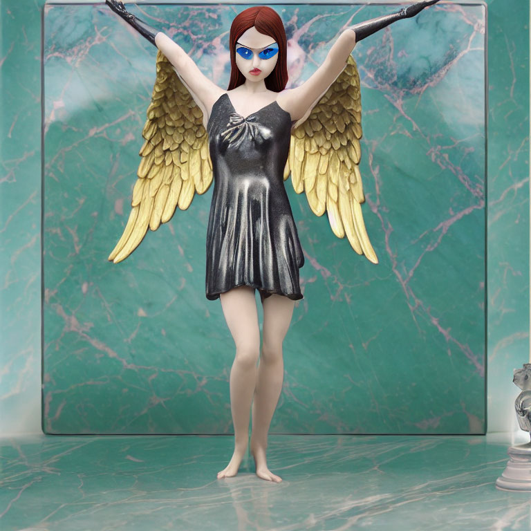 Winged woman figurine in metallic dress with golden wings and blue mask on marbled background