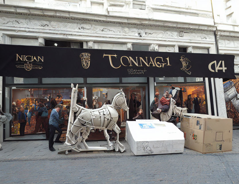 Medieval-themed storefront with life-size white horse sculpture and chariot.