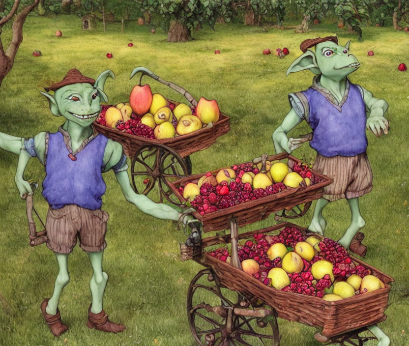 Smiling goblins picking apples in an orchard