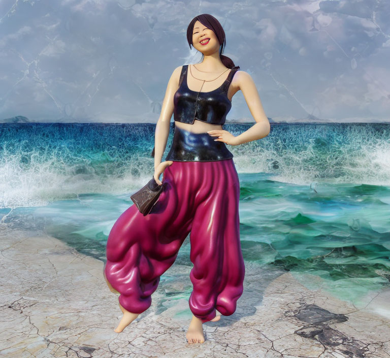 Smiling woman in purple harem pants with ocean background