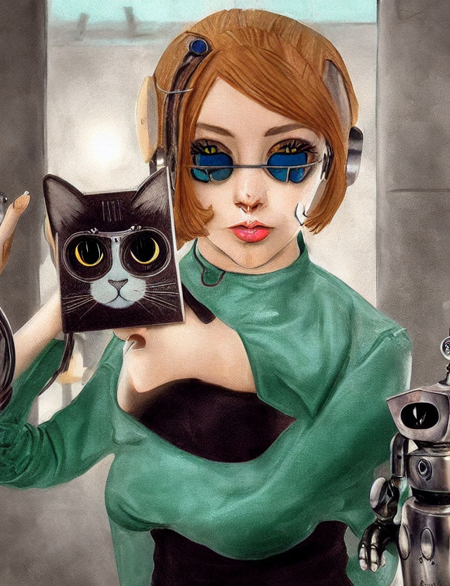 Futuristic woman with blue glasses showing cat picture to robotic arm