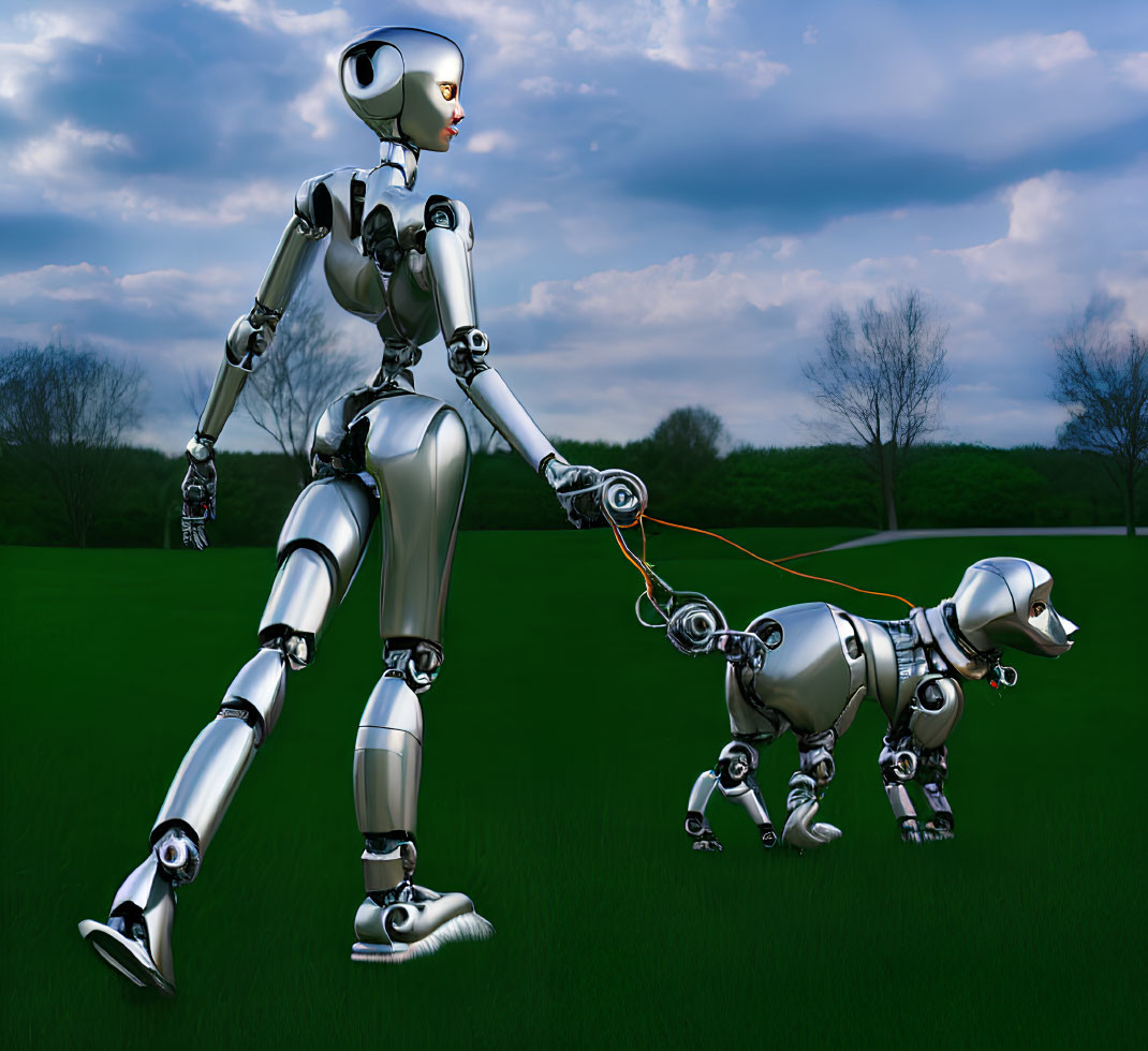 Humanoid robot walking robotic dog in green park under cloudy sky