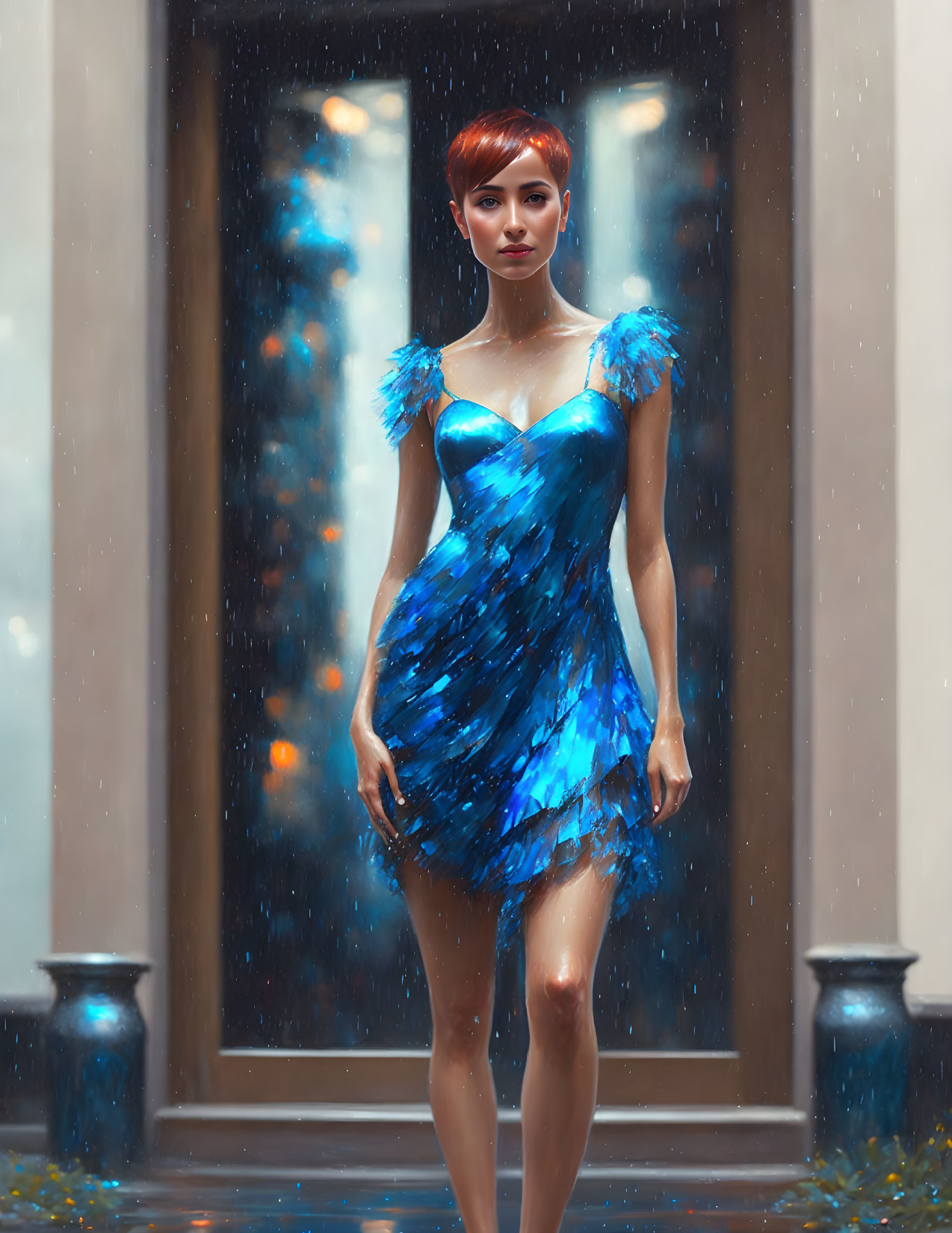 Confident woman with short red hair in blue feathered dress under ambient lighting