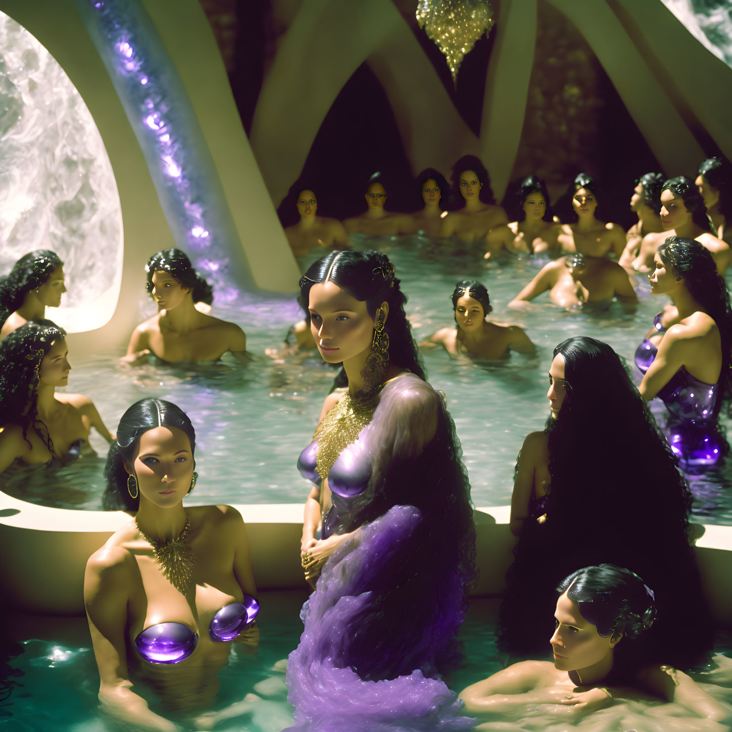 Surreal scene: multiple identical women in pool with purple water.