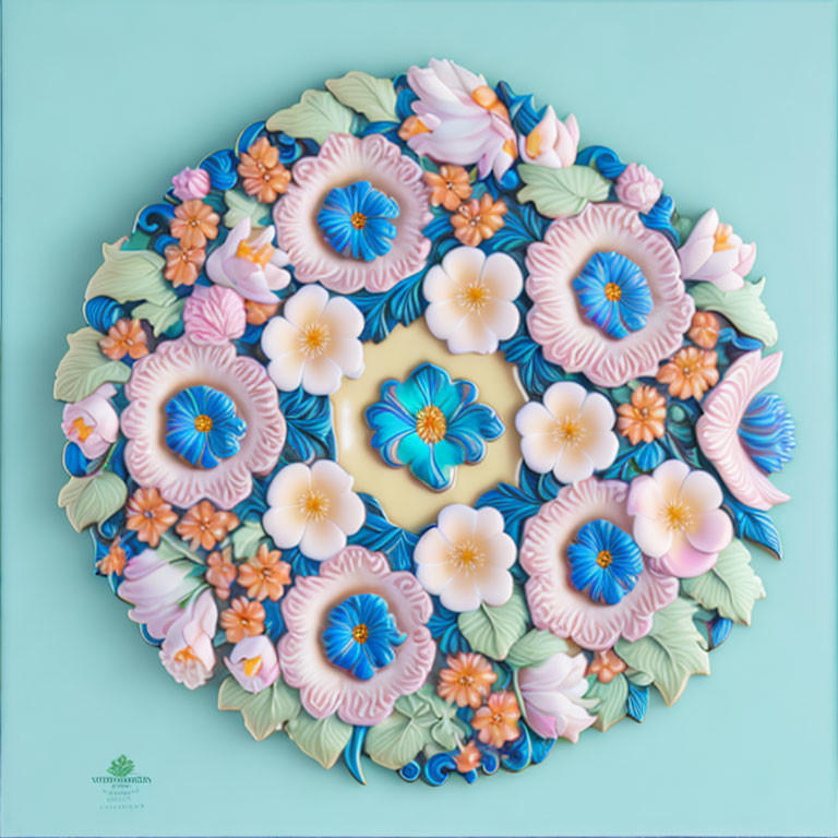 Pastel Paper Art Flowers in Circular Arrangement on Light Blue Background