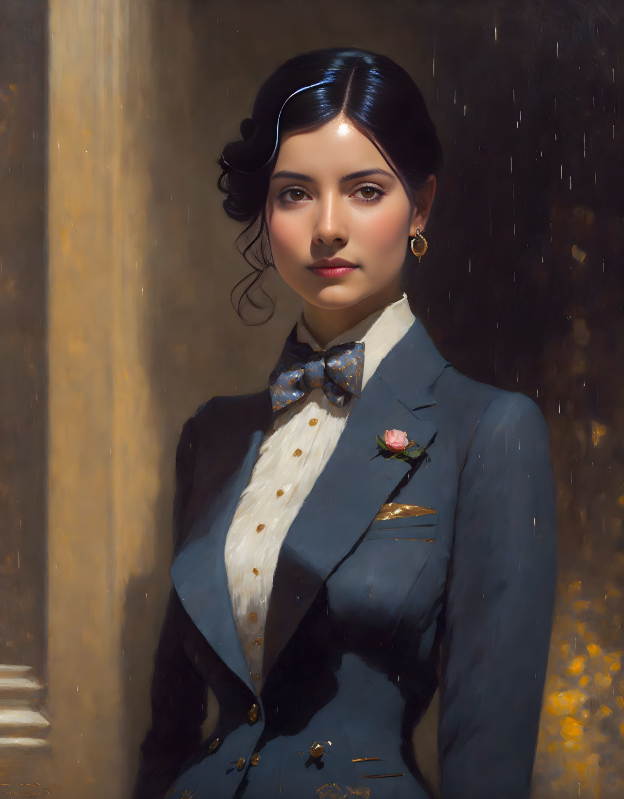 Vintage Style Portrait of Woman with Dark Hair and Bow Tie Fashion Detail