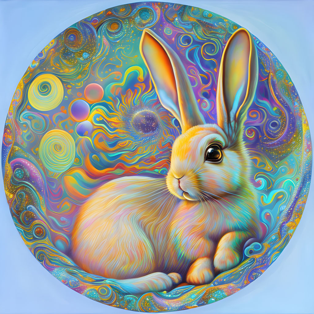 Colorful Circular Rabbit Artwork with Cosmic Motifs