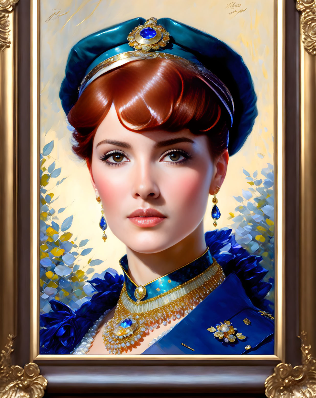 Digital painting of woman in royal attire with blue hat, earrings, and necklace in ornate golden frame