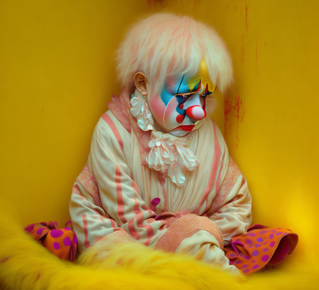 Colorful sad clown against yellow background evokes melancholy.