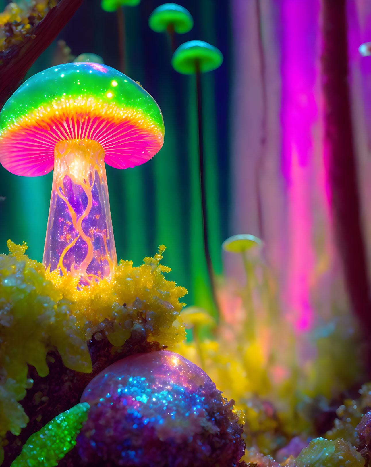 Fantasy scene: Glowing mushroom on textured surface surrounded by smaller mushrooms