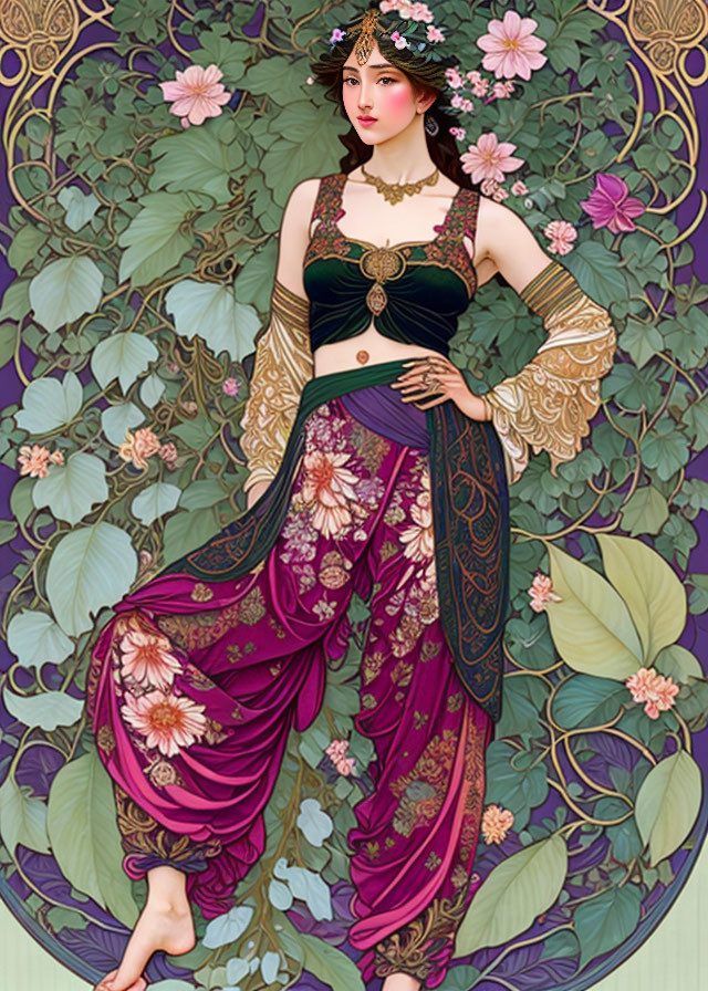 Traditional Outfit Woman Surrounded by Floral Patterns