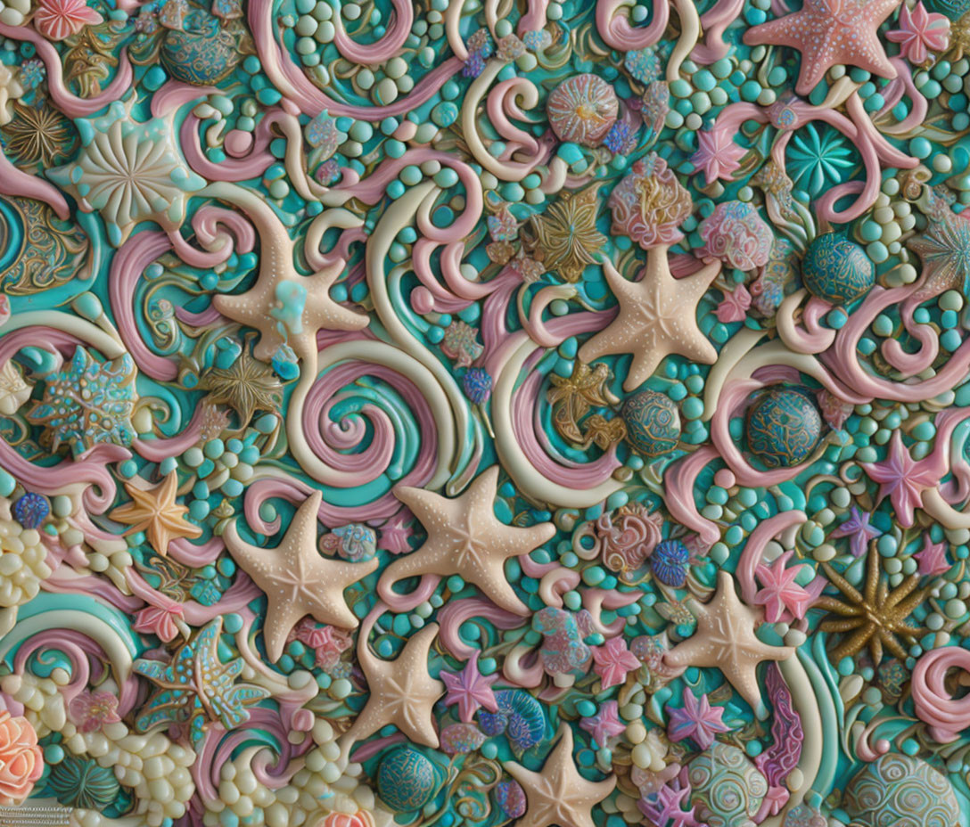 Colorful Marine Life Pattern with Starfish, Shells, and Swirling Textures