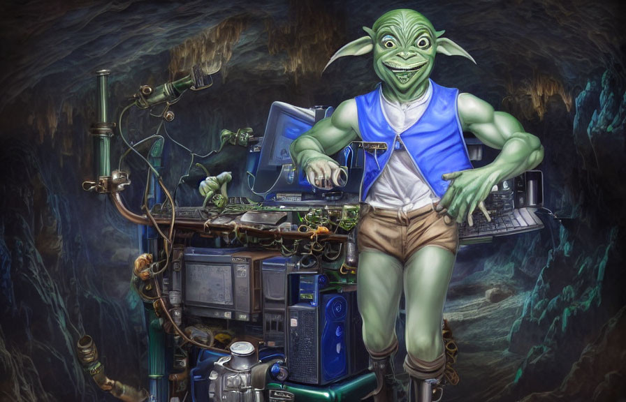 Green-skinned DJ with pointed ears mixing tunes in high-tech cave setting