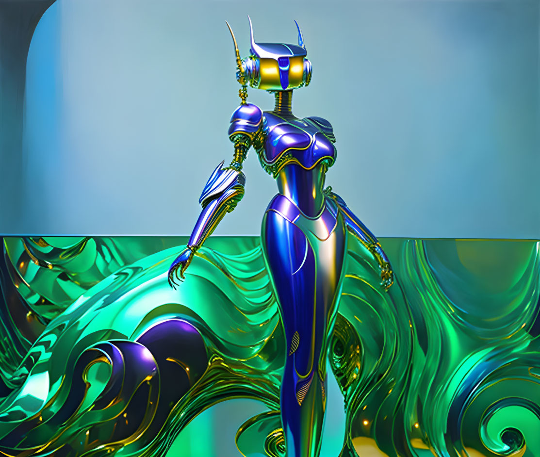 Futuristic blue and gold robot on abstract green background