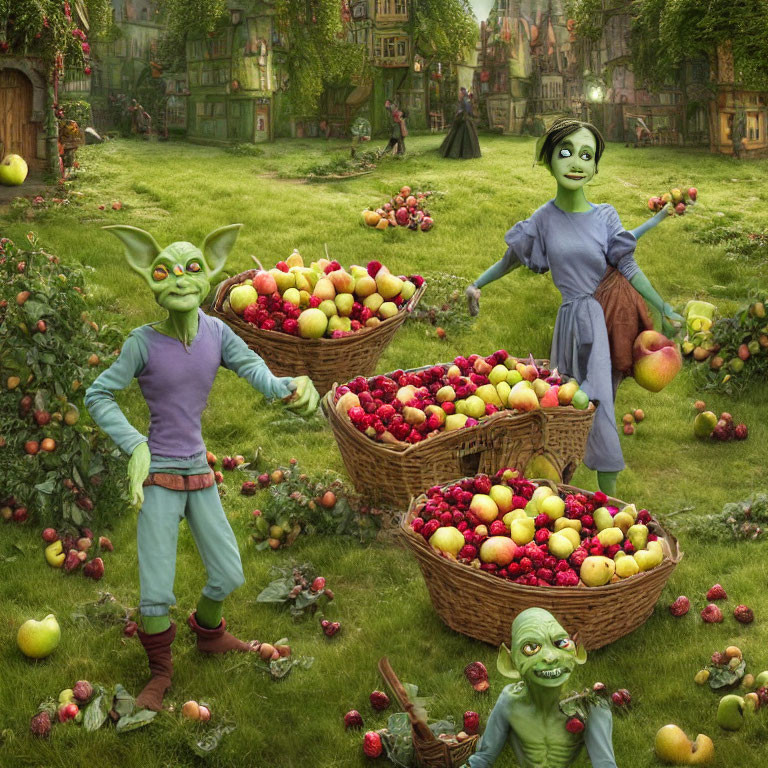 Whimsical green goblins in lush orchard with storybook houses